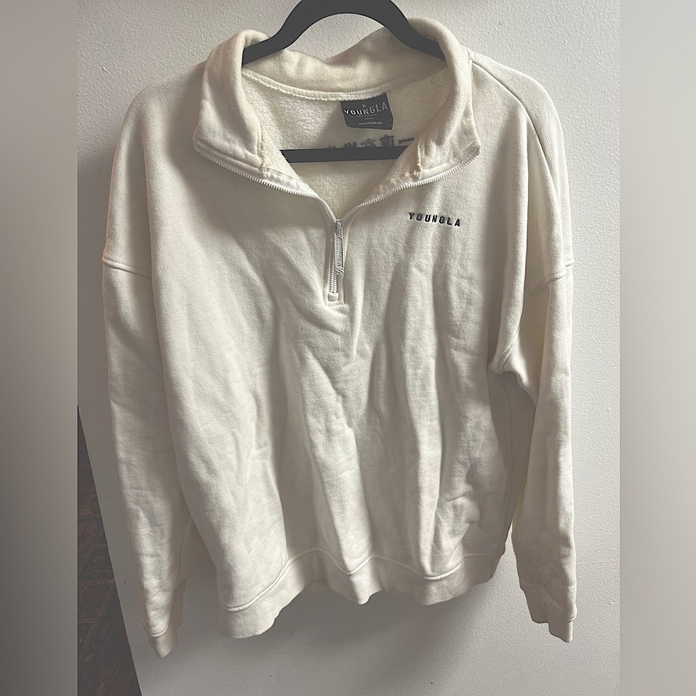 YoungLA White Quarter Zip Fleece Jacket Hoodie Outerwear Size S
